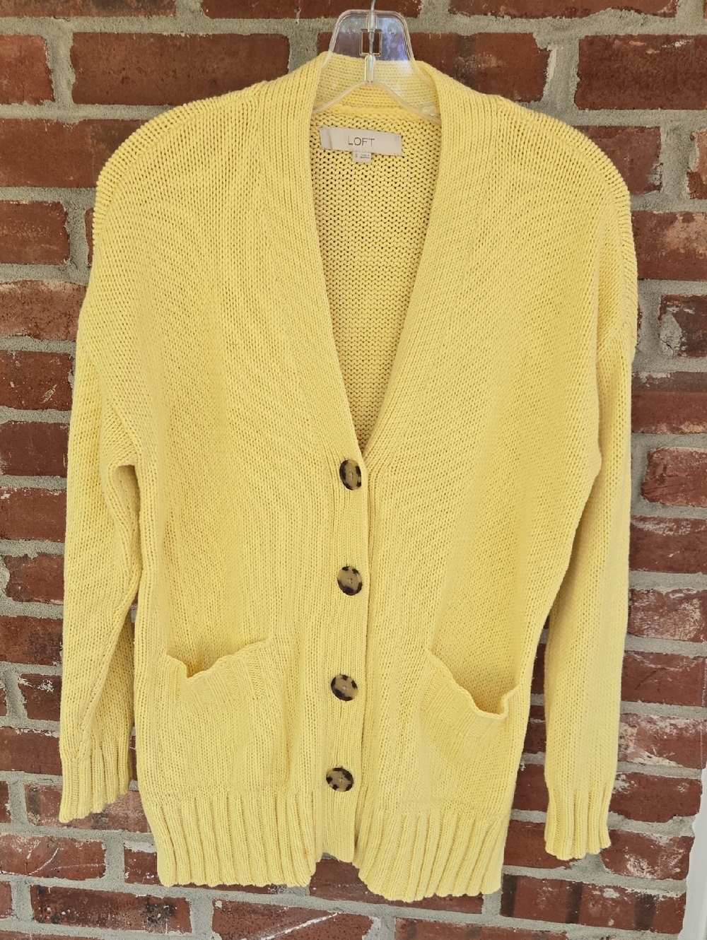 LOFT Pale Yellow Button-Front Pocket Cardigan